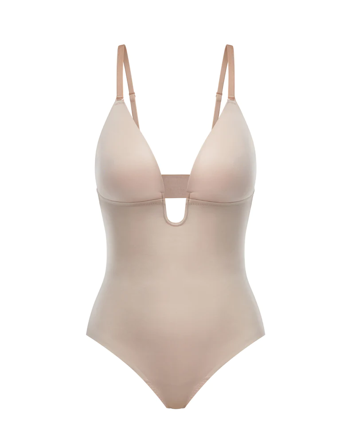 Suit Your Fancy Plunge Low-Back Thong Bodysuit Champagne Beige