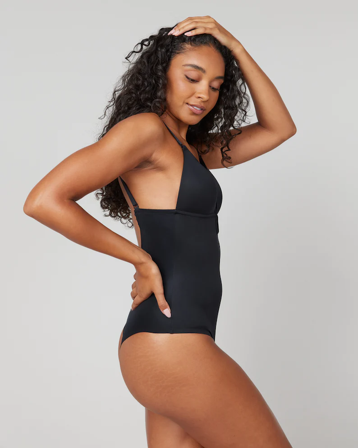 Suit Your Fancy Plunge Low-Back Thong Bodysuit Very Black