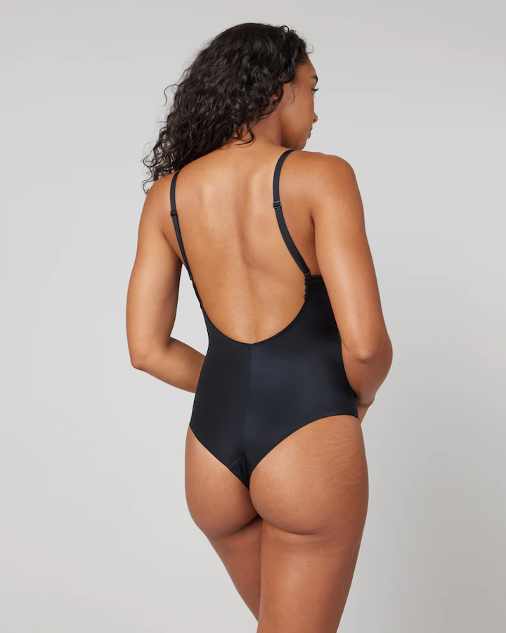 Suit Your Fancy Plunge Low-Back Thong Bodysuit Very Black