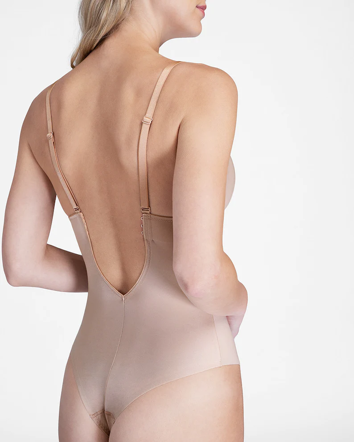 Suit Your Fancy Plunge Low-Back Thong Bodysuit Champagne Beige