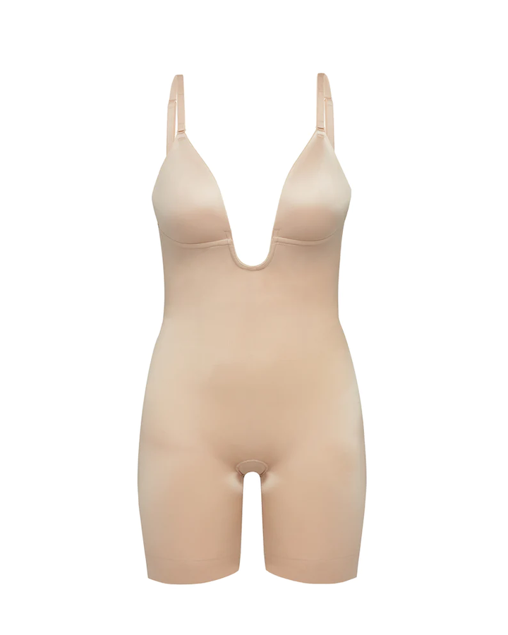Suit Your Fancy Plunge Low-Back Bodysuit Champagne Beige