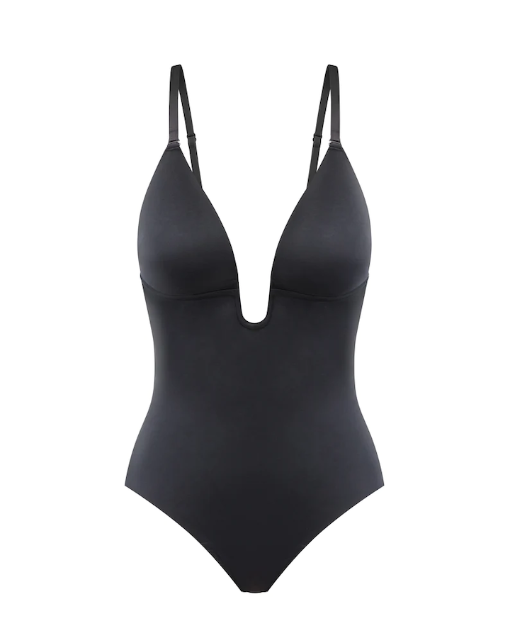 Suit Your Fancy Plunge Low-Back Thong Bodysuit Very Black