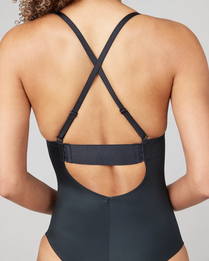 Suit Your Fancy Plunge Low-Back Thong Bodysuit Very Black